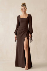 Square Neck Long Sleeve Sheath Chiffon Bridesmaid Dress in Espresso - KISS BRIDAL Bridesmaid Dresses