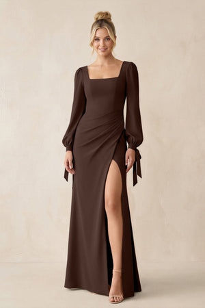 Square Neck Long Sleeve Sheath Chiffon Bridesmaid Dress in Espresso - SHE IS ME Bridesmaid Dresses