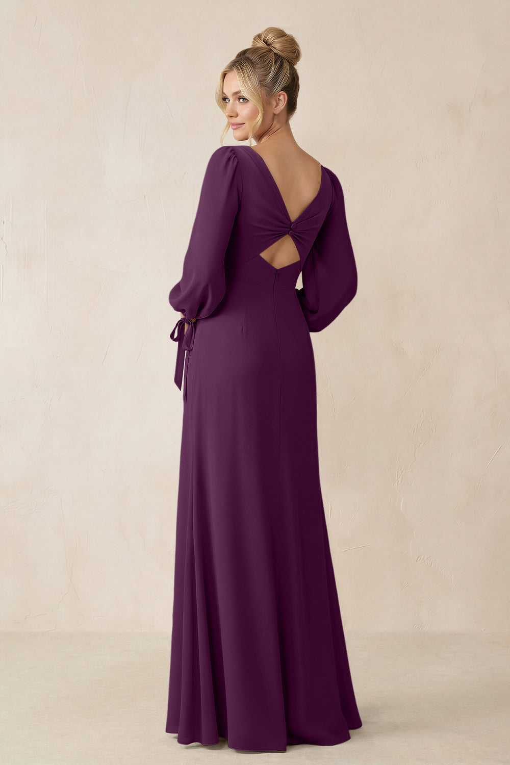 Square Neck Long Sleeve Sheath Chiffon Bridesmaid Dress in Fig