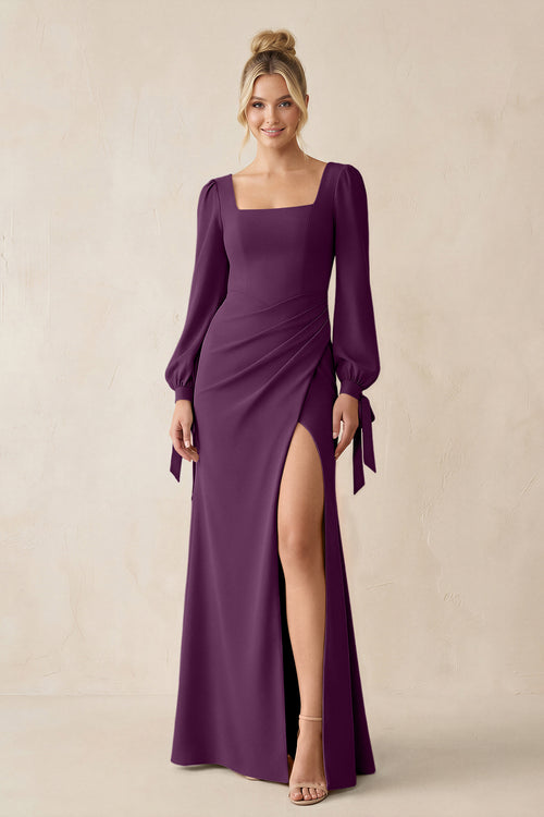 Square Neck Long Sleeve Sheath Chiffon Bridesmaid Dress in Fig | KISSBRIDAL