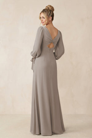 Square Neck Long Sleeve Sheath Chiffon Bridesmaid Dress in Frost (2) | KISSBRIDAL