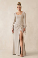 Square Neck Long Sleeve Sheath Chiffon Bridesmaid Dress in Frost - SHE IS ME Bridesmaid Dresses