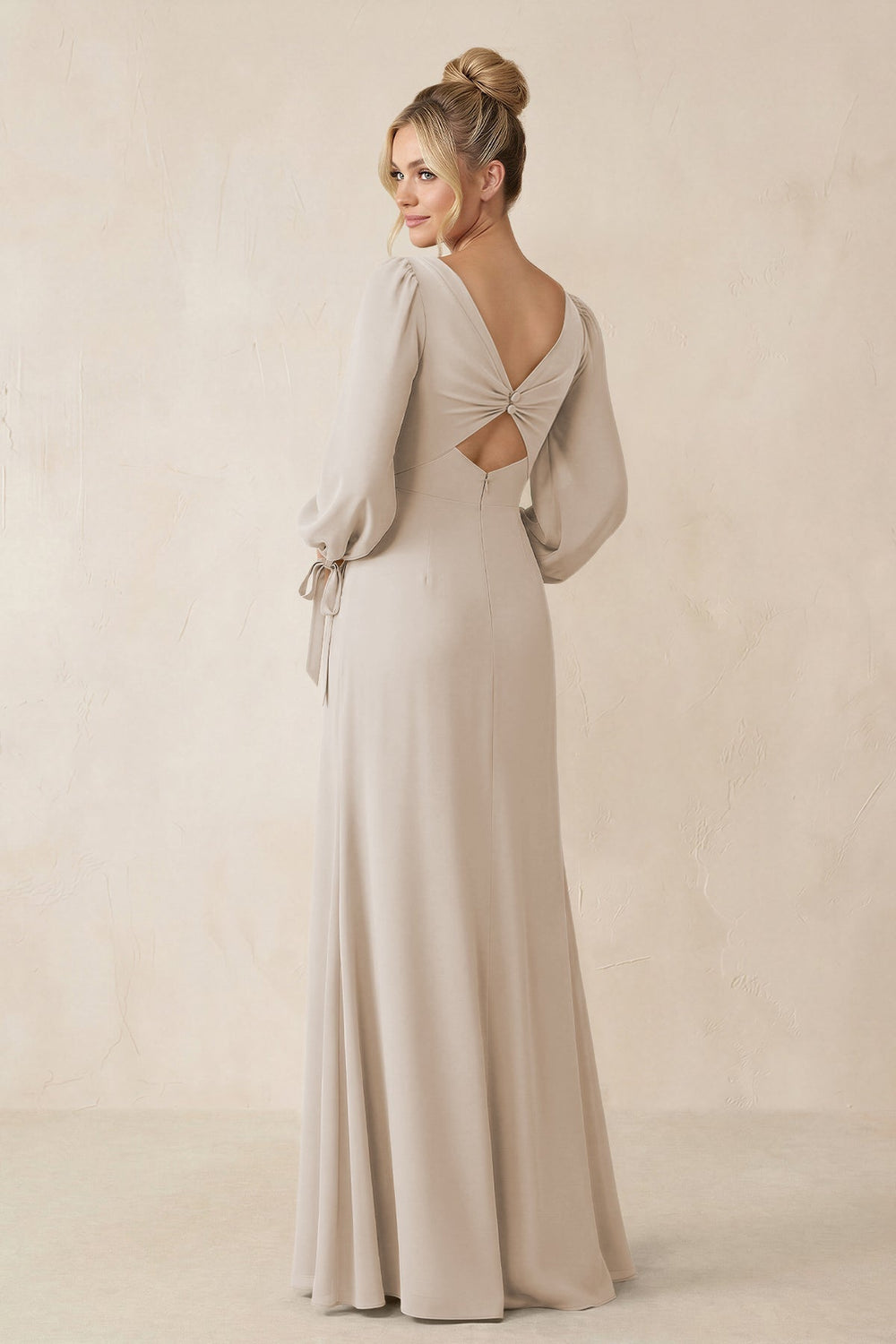 Square Neck Long Sleeve Sheath Chiffon Bridesmaid Dress in Frost - KISS BRIDAL Bridesmaid Dresses