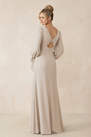 Square Neck Long Sleeve Sheath Chiffon Bridesmaid Dress in Frost - SHE IS ME Bridesmaid Dresses