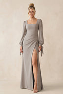 Square Neck Long Sleeve Sheath Chiffon Bridesmaid Dress in Frost | KISSBRIDAL