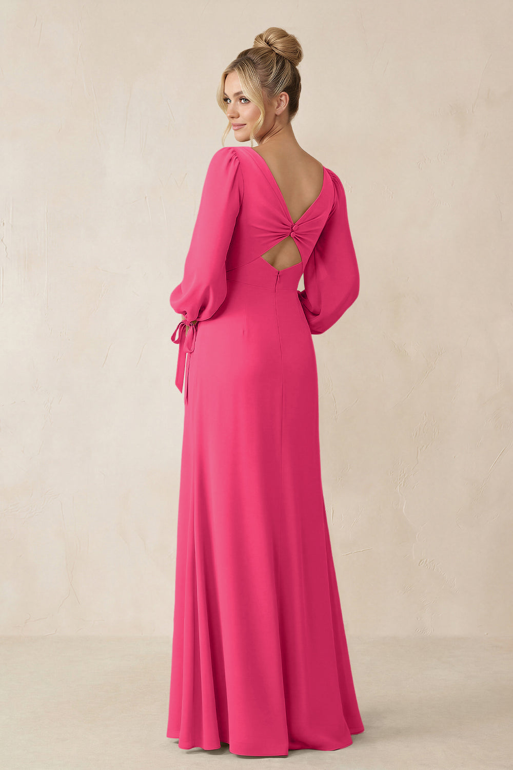 Square Neck Long Sleeve Sheath Chiffon Bridesmaid Dress in Fuchsia