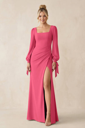 Square Neck Long Sleeve Sheath Chiffon Bridesmaid Dress in Fuchsia - SHE IS ME Bridesmaid Dresses