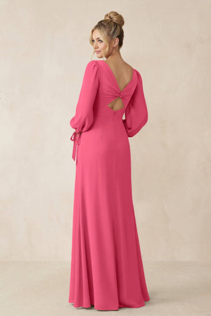Square Neck Long Sleeve Sheath Chiffon Bridesmaid Dress in Fuchsia - SHE IS ME Bridesmaid Dresses