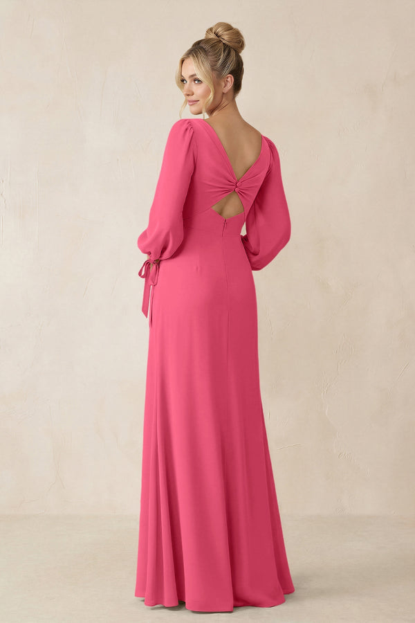 Square Neck Long Sleeve Sheath Chiffon Bridesmaid Dress in Fuchsia - SHE IS ME Bridesmaid Dresses