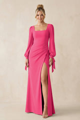 Square Neck Long Sleeve Sheath Chiffon Bridesmaid Dress in Fuchsia | KISSBRIDAL