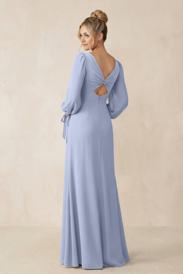 Square Neck Long Sleeve Sheath Chiffon Bridesmaid Dress in Ice (2) | KISSBRIDAL