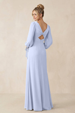 Square Neck Long Sleeve Sheath Chiffon Bridesmaid Dress in Ice - SHE IS ME Bridesmaid Dresses