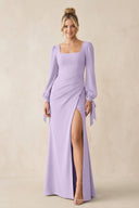Square Neck Long Sleeve Sheath Chiffon Bridesmaid Dress in Lavender - SHE IS ME Bridesmaid Dresses