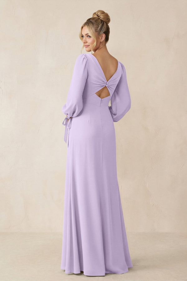 Square Neck Long Sleeve Sheath Chiffon Bridesmaid Dress in Lavender - SHE IS ME Bridesmaid Dresses
