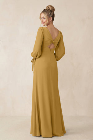 Square Neck Long Sleeve Sheath Chiffon Bridesmaid Dress in Marigold (2) | KISSBRIDAL