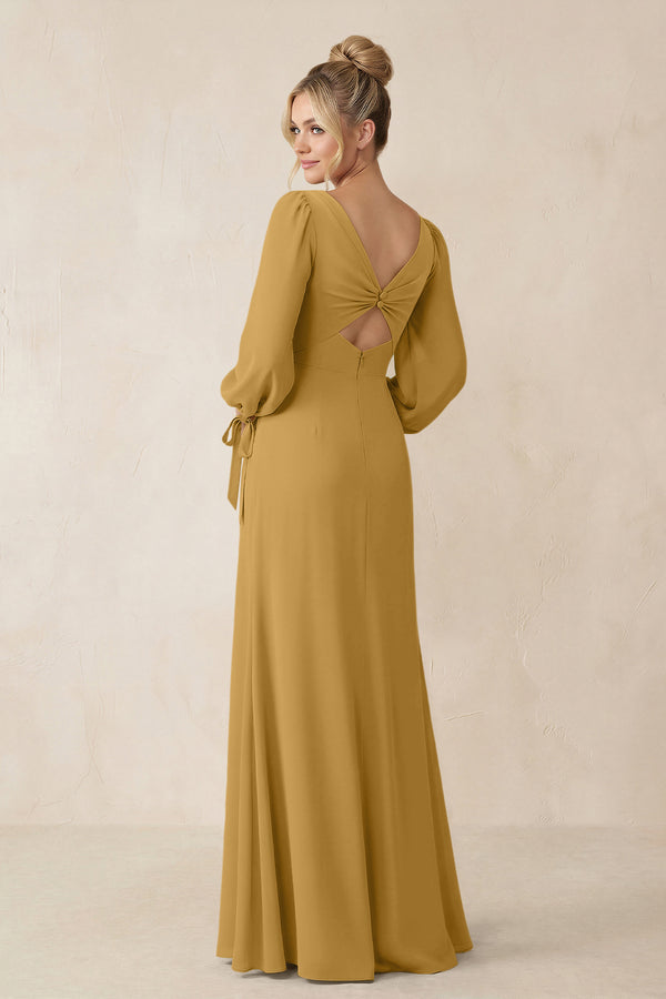 Square Neck Long Sleeve Sheath Chiffon Bridesmaid Dress in Marigold (2) | KISSBRIDAL