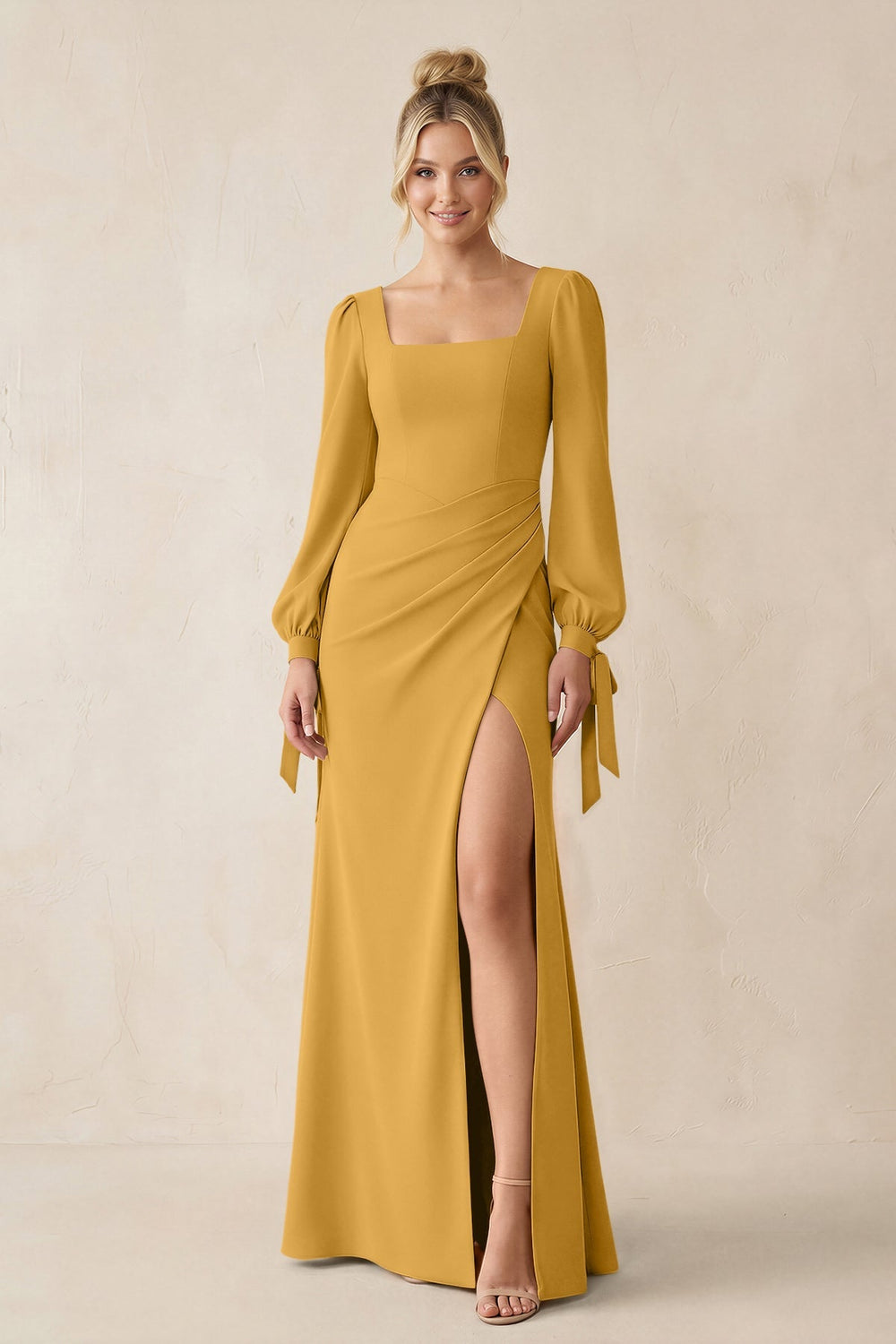 Square Neck Long Sleeve Sheath Chiffon Bridesmaid Dress in Marigold - KISS BRIDAL Bridesmaid Dresses