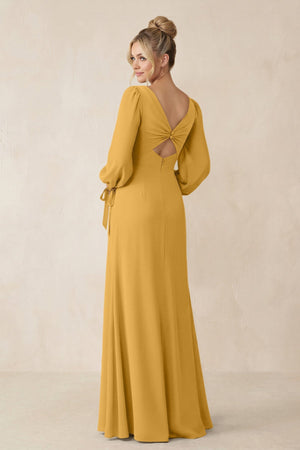 Square Neck Long Sleeve Sheath Chiffon Bridesmaid Dress in Marigold - SHE IS ME Bridesmaid Dresses