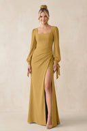 Square Neck Long Sleeve Sheath Chiffon Bridesmaid Dress in Marigold | KISSBRIDAL
