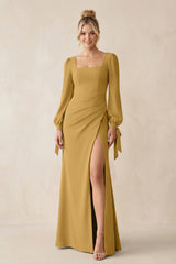 Square Neck Long Sleeve Sheath Chiffon Bridesmaid Dress in Marigold | KISSBRIDAL