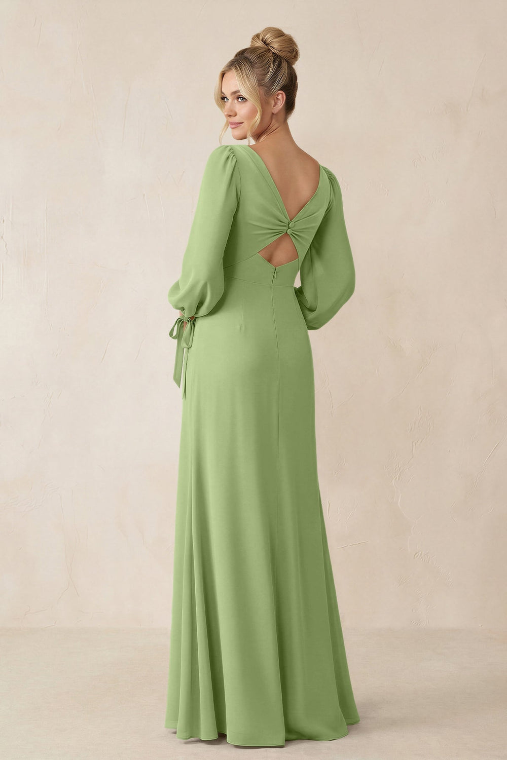 Square Neck Long Sleeve Sheath Chiffon Bridesmaid Dress in Matcha - KISS BRIDAL Bridesmaid Dresses
