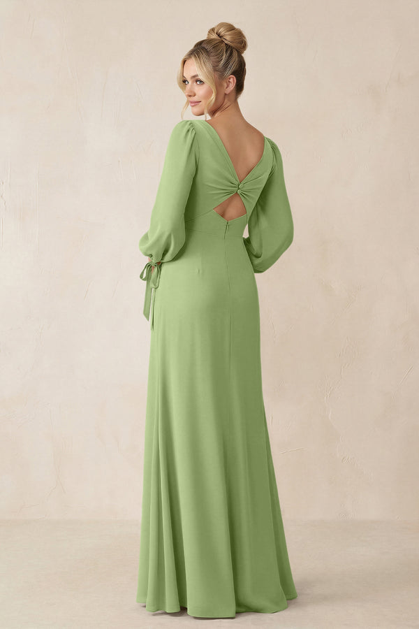 Square Neck Long Sleeve Sheath Chiffon Bridesmaid Dress in Matcha - SHE IS ME Bridesmaid Dresses