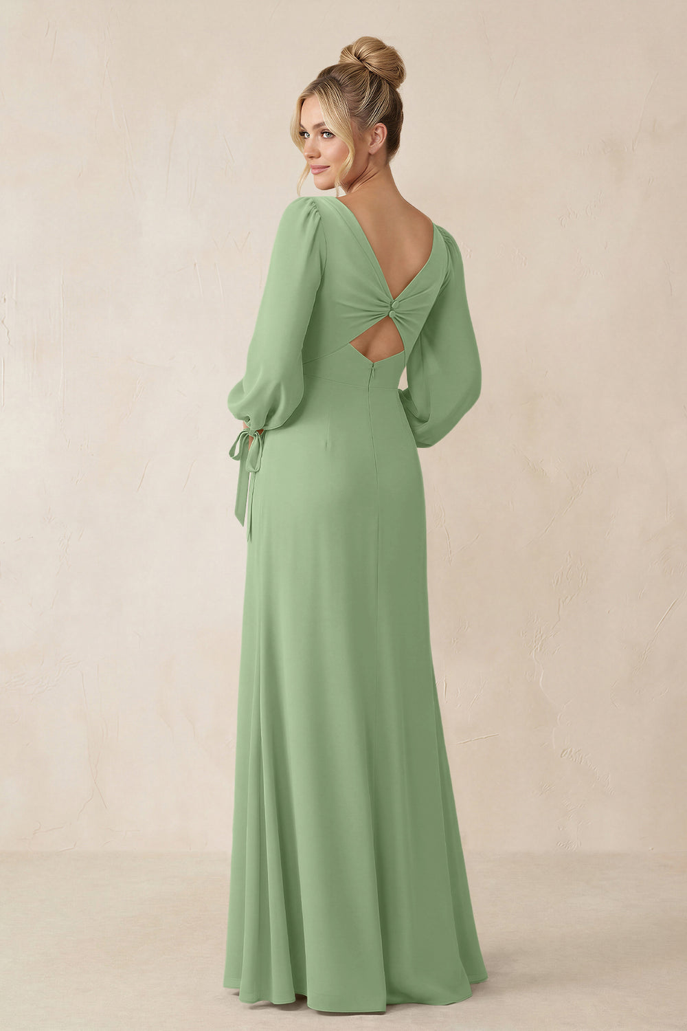 Square Neck Long Sleeve Sheath Chiffon Bridesmaid Dress in Matcha