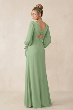 Square Neck Long Sleeve Sheath Chiffon Bridesmaid Dress in Matcha (2) | KISSBRIDAL