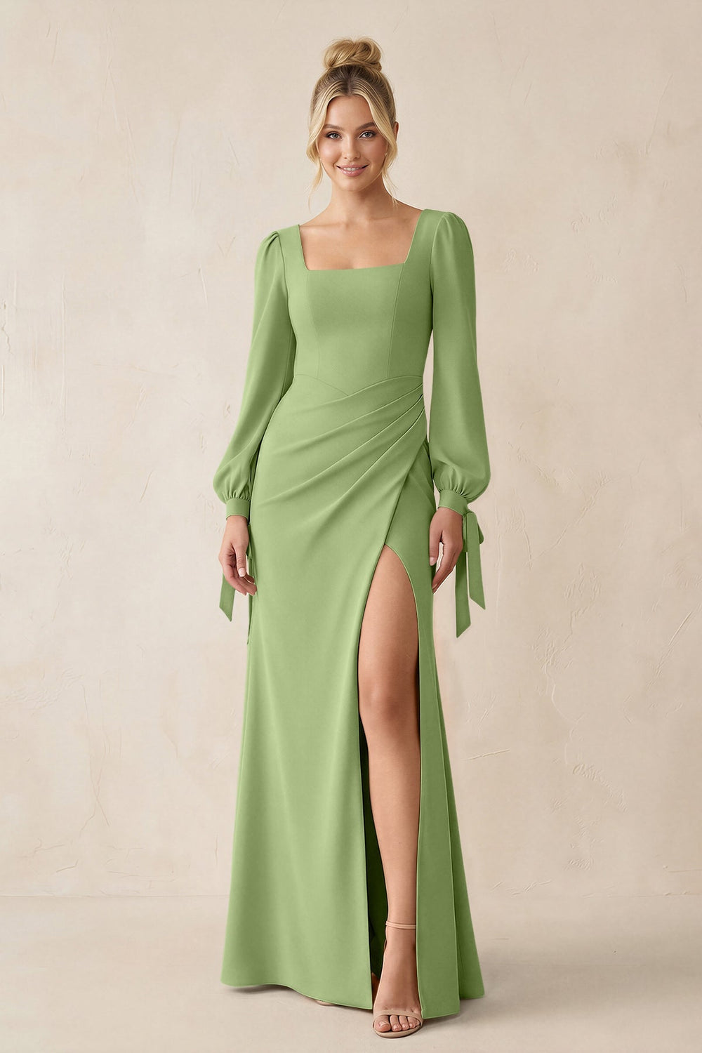 Square Neck Long Sleeve Sheath Chiffon Bridesmaid Dress in Matcha - KISS BRIDAL Bridesmaid Dresses