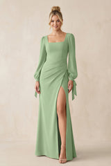 Square Neck Long Sleeve Sheath Chiffon Bridesmaid Dress in Matcha | KISSBRIDAL