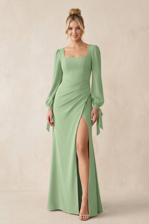 Square Neck Long Sleeve Sheath Chiffon Bridesmaid Dress in Matcha | KISSBRIDAL