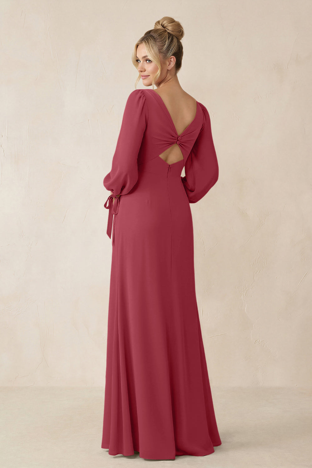 Square Neck Long Sleeve Sheath Chiffon Bridesmaid Dress in Merlot
