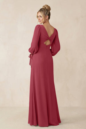 Square Neck Long Sleeve Sheath Chiffon Bridesmaid Dress in Merlot (2) | KISSBRIDAL