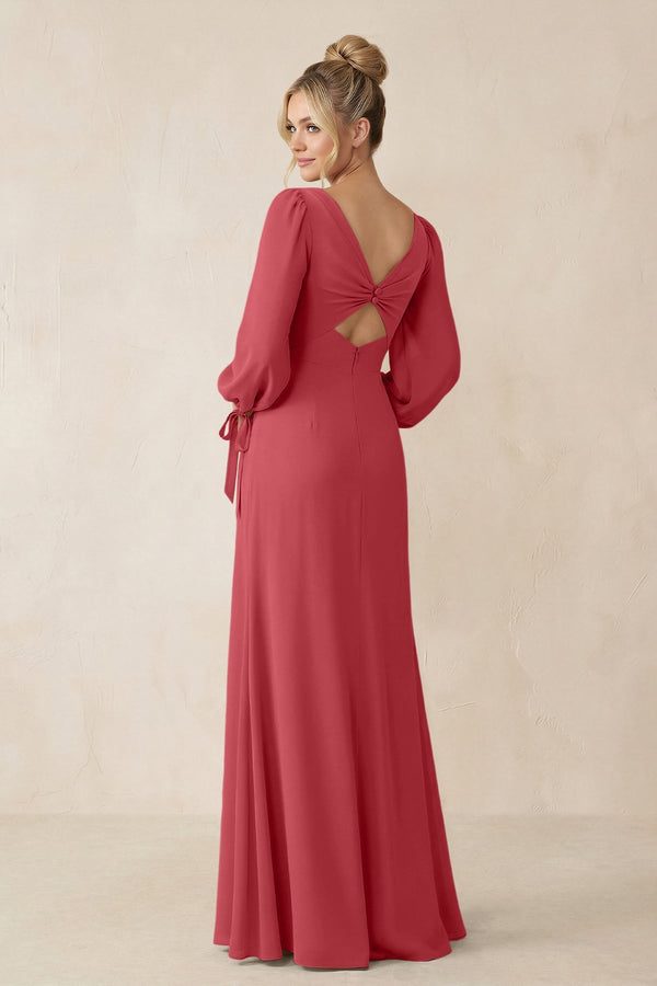 Square Neck Long Sleeve Sheath Chiffon Bridesmaid Dress in Merlot - SHE IS ME Bridesmaid Dresses