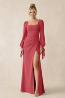 Square Neck Long Sleeve Sheath Chiffon Bridesmaid Dress in Merlot - SHE IS ME Bridesmaid Dresses