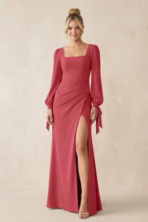 Square Neck Long Sleeve Sheath Chiffon Bridesmaid Dress in Merlot - SHE IS ME Bridesmaid Dresses