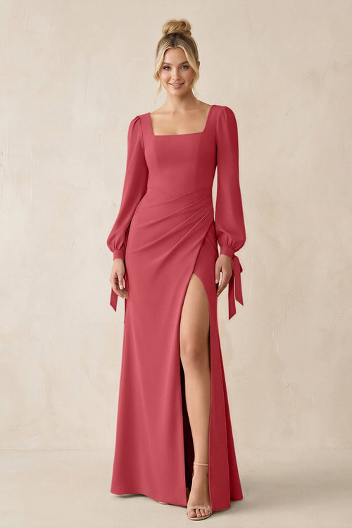 Square Neck Long Sleeve Sheath Chiffon Bridesmaid Dress in Merlot - SHE IS ME Bridesmaid Dresses