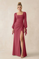 Square Neck Long Sleeve Sheath Chiffon Bridesmaid Dress in Merlot | KISSBRIDAL
