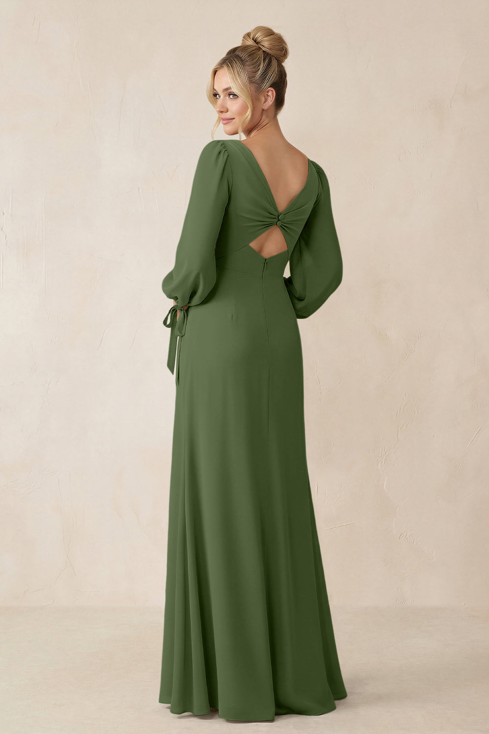 Square Neck Long Sleeve Sheath Chiffon Bridesmaid Dress in Moss