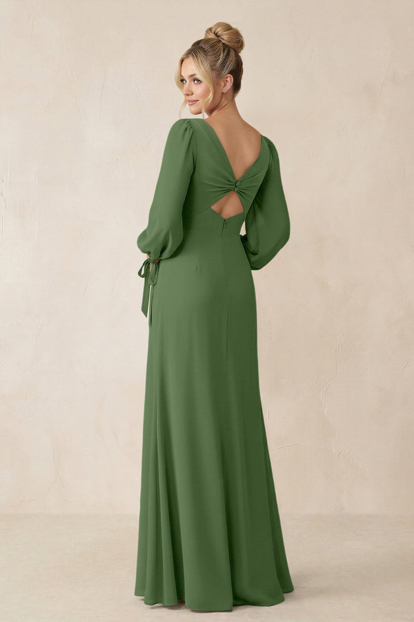 Square Neck Long Sleeve Sheath Chiffon Bridesmaid Dress in Moss - SHE IS ME Bridesmaid Dresses