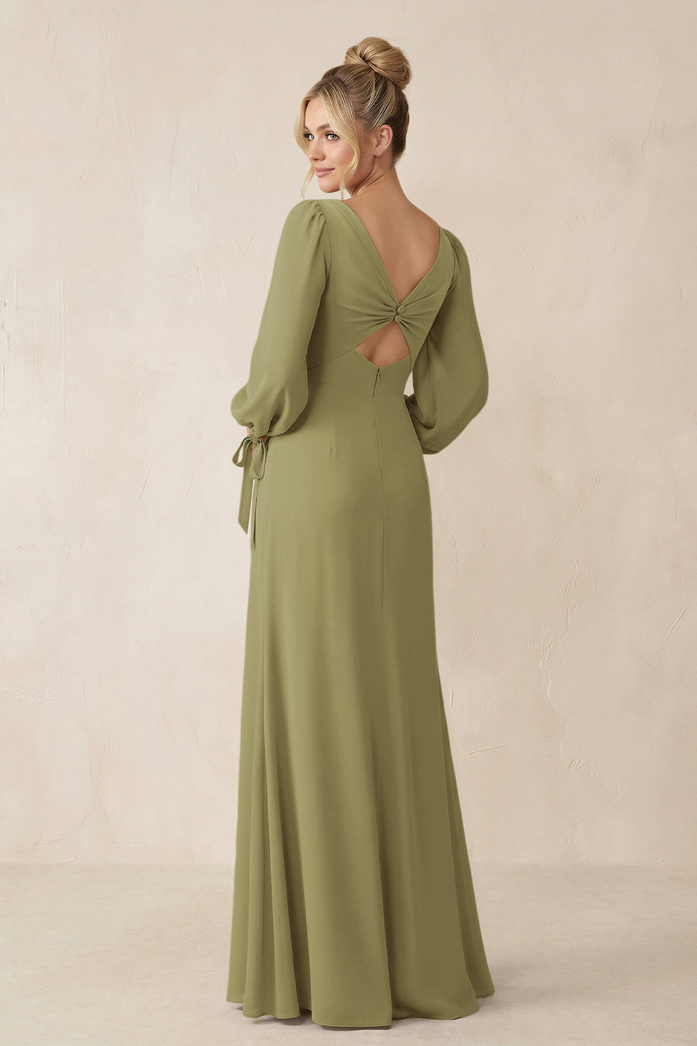 Square Neck Long Sleeve Sheath Chiffon Bridesmaid Dress in Moss Green
