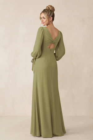 Square Neck Long Sleeve Sheath Chiffon Bridesmaid Dress in Moss Green (2) | KISSBRIDAL