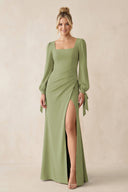 Square Neck Long Sleeve Sheath Chiffon Bridesmaid Dress in Moss Green - SHE IS ME Bridesmaid Dresses