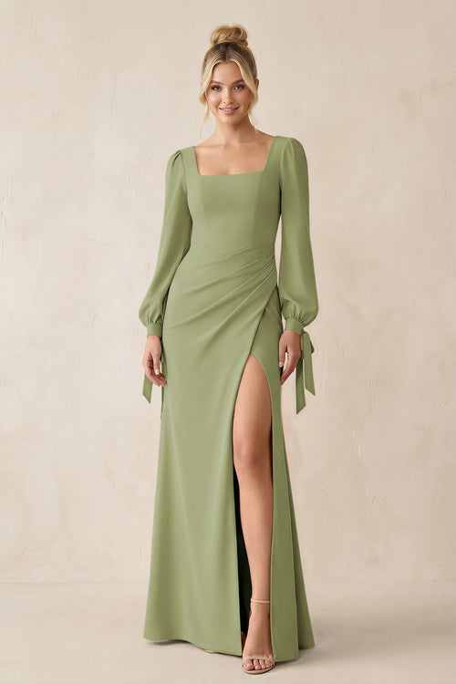 Square Neck Long Sleeve Sheath Chiffon Bridesmaid Dress in Moss Green - SHE IS ME Bridesmaid Dresses