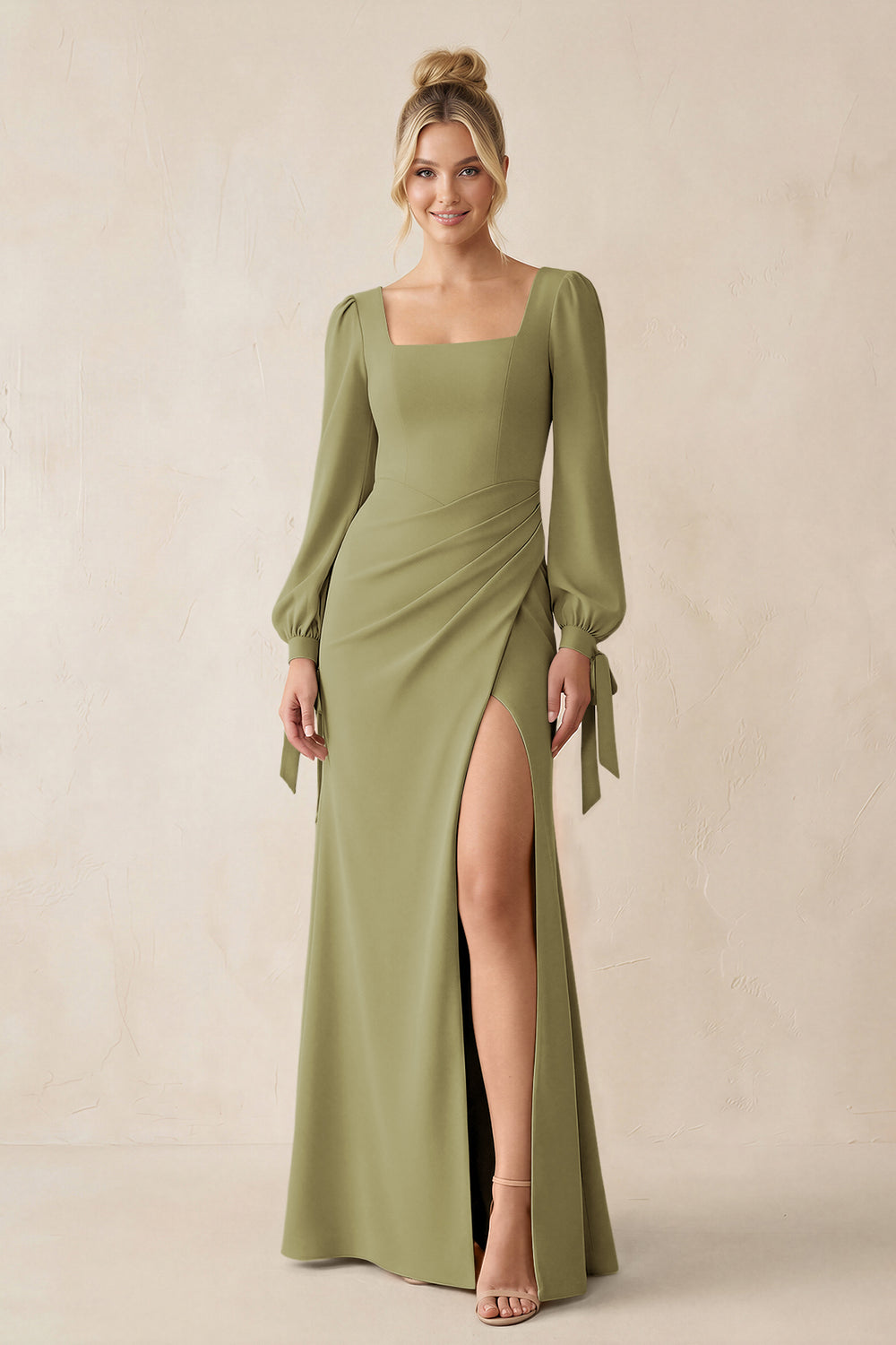 Square Neck Long Sleeve Sheath Chiffon Bridesmaid Dress in Moss Green