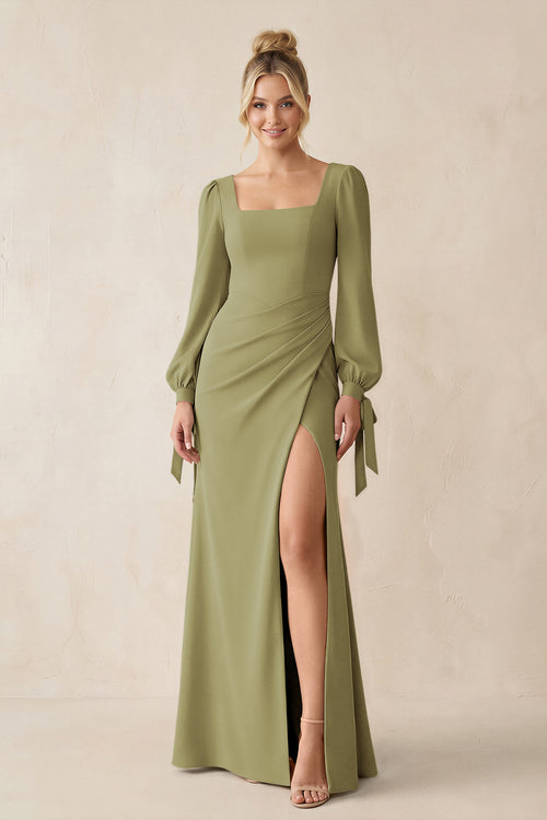 Square Neck Long Sleeve Sheath Chiffon Bridesmaid Dress in Moss Green | KISSBRIDAL