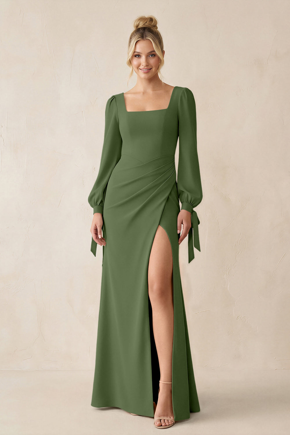 Square Neck Long Sleeve Sheath Chiffon Bridesmaid Dress in Moss