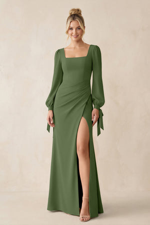Square Neck Long Sleeve Sheath Chiffon Bridesmaid Dress in Moss | KISSBRIDAL
