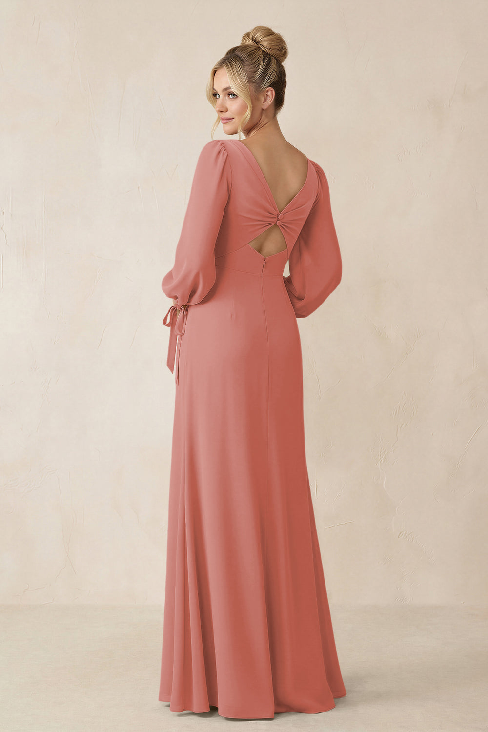 Square Neck Long Sleeve Sheath Chiffon Bridesmaid Dress in Mulberry