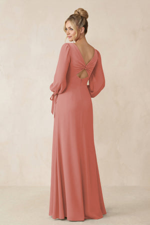 Square Neck Long Sleeve Sheath Chiffon Bridesmaid Dress in Mulberry (2) | KISSBRIDAL
